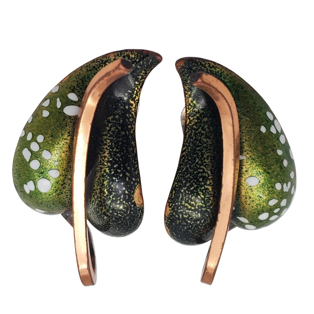 Matisse Renoir Copper Leaf Clip Earrings Green Enamel Modernist Stylized Vintage